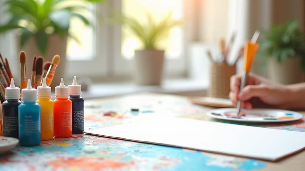 Colorful tubes of acrylic paint, paintbrushes, and a blank canvas on a bright workspace